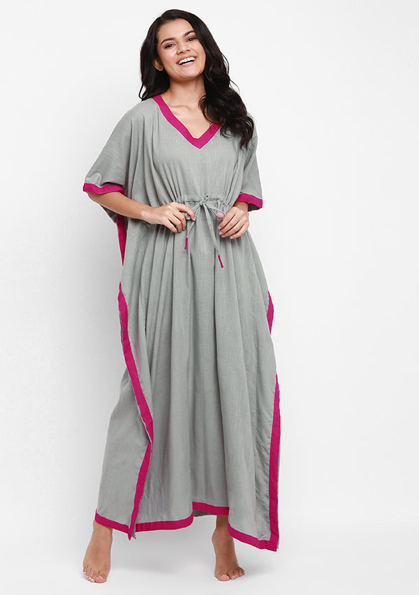 Grey Fucshia Tie-Up Waist Cotton Kaftan - unidra.myshopify.com