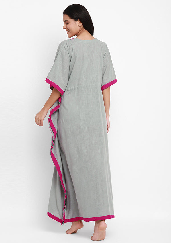 Grey Fucshia Tie-Up Waist Cotton Kaftan - unidra.myshopify.com