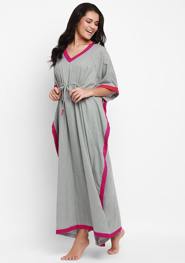 Grey Fucshia Tie-Up Waist Cotton Kaftan - unidra.myshopify.com