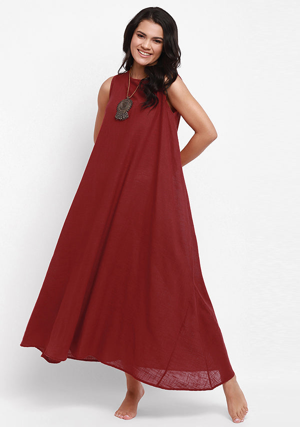 Red Sleeveless A-Line Long Cotton Dress - unidra.myshopify.com