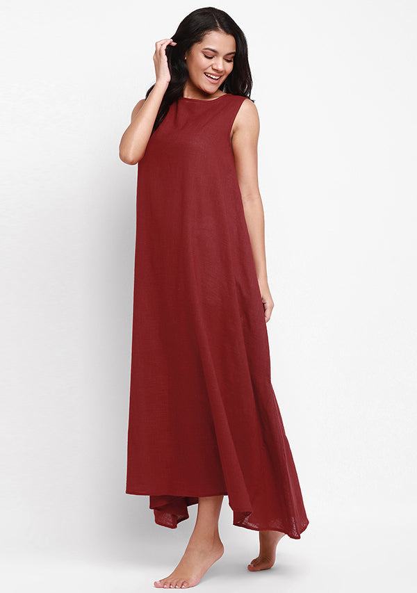Red Sleeveless A-Line Long Cotton Dress - unidra.myshopify.com