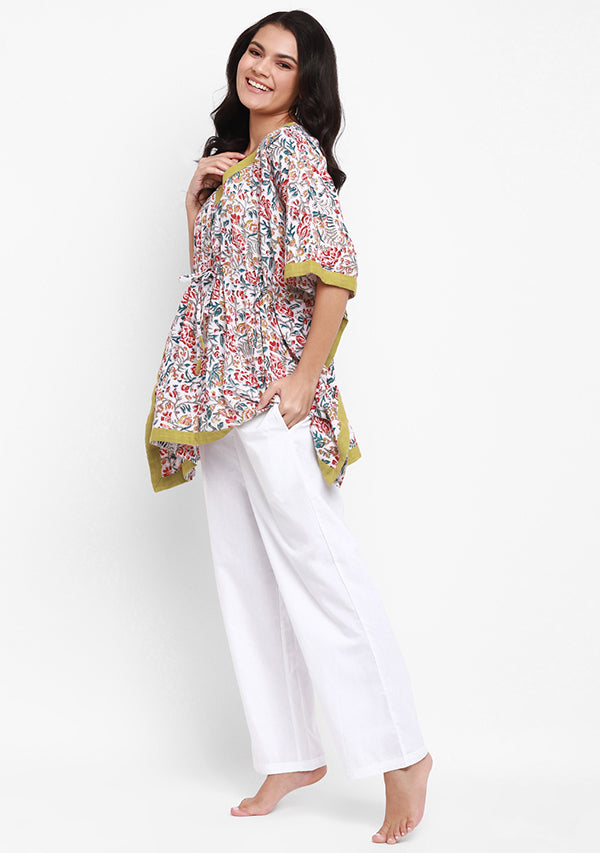Ivory Multicolor Flower Motif Hand Block Printed Short Kaftan with White Pyjamas - unidra.myshopify.com