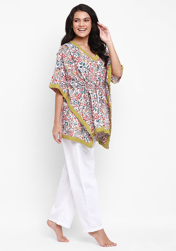 Ivory Multicolour Floral Hand Block Printed Short Kaftan Tunic - unidra.myshopify.com
