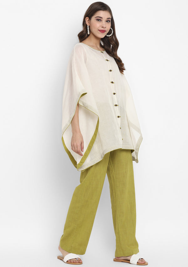 Off White Mulmul Short Kaftan Set With Contrast Olive Green Trimmings And Pants - unidra.myshopify.com