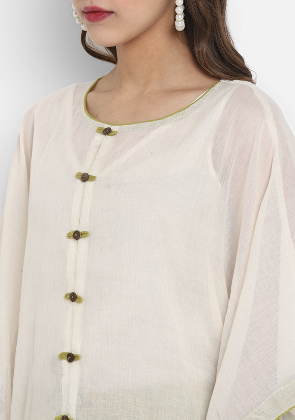 Off White Mulmul Short Kaftan Set With Contrast Olive Green Trimmings And Pants - unidra.myshopify.com