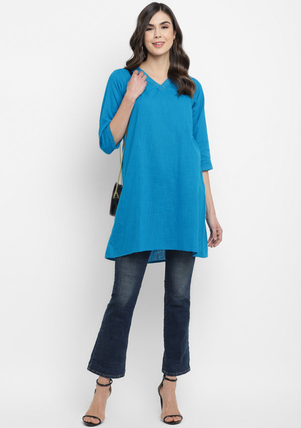 Turquoise V-Neck Cotton Tunic Kurti With Metallic Trimmings - unidra.myshopify.com
