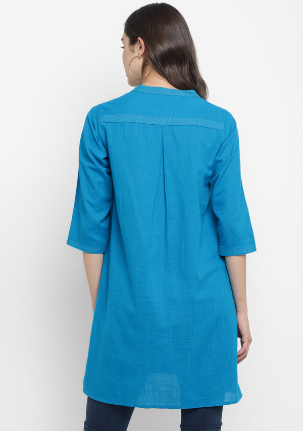 Turquoise V-Neck Cotton Tunic Kurti With Metallic Trimmings - unidra.myshopify.com