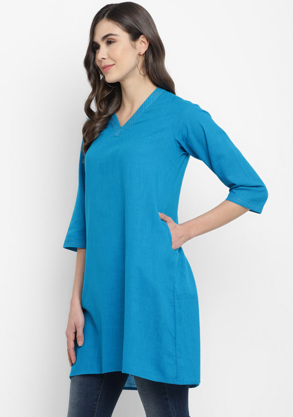Turquoise V-Neck Cotton Tunic Kurti With Metallic Trimmings - unidra.myshopify.com