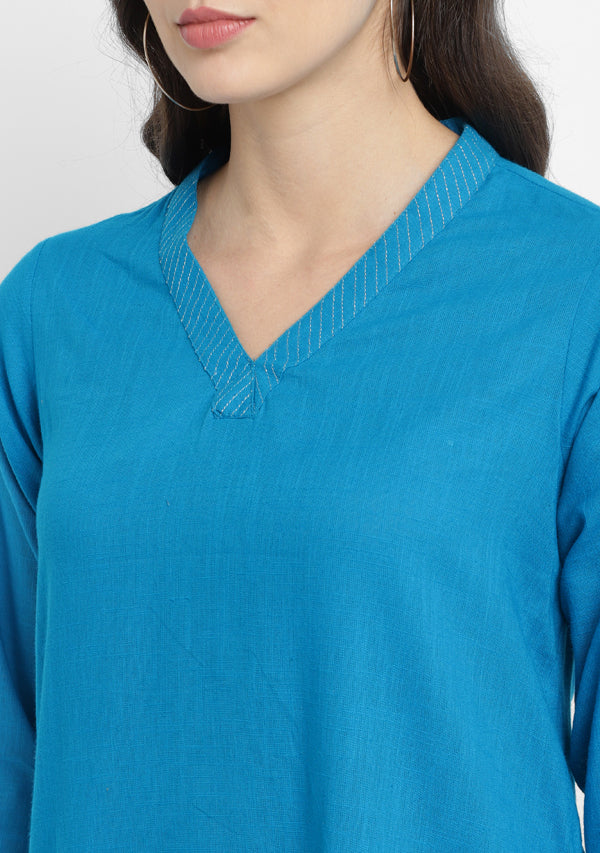 Turquoise V-Neck Cotton Tunic Kurti With Metallic Trimmings - unidra.myshopify.com