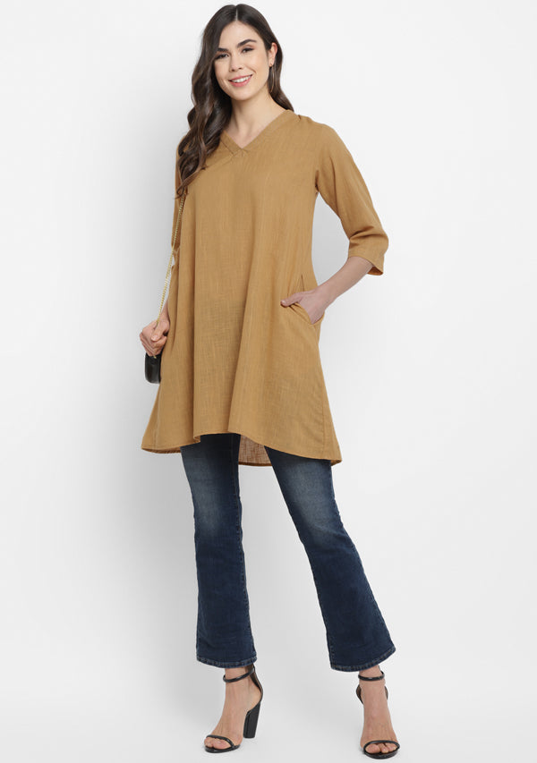 Mustard V-Neck Cotton Tunic Kurti With Metallic Trimmings - unidra.myshopify.com