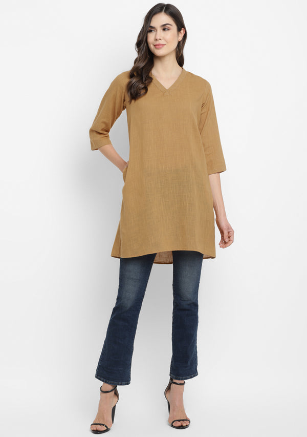 Mustard V-Neck Cotton Tunic Kurti With Metallic Trimmings - unidra.myshopify.com