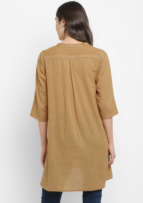 Mustard V-Neck Cotton Tunic Kurti With Metallic Trimmings - unidra.myshopify.com