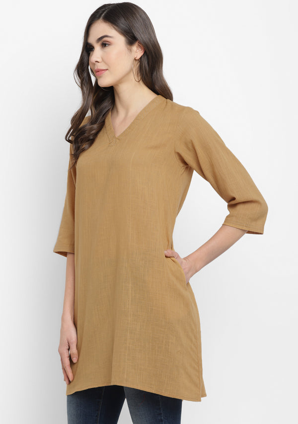 Mustard V-Neck Cotton Tunic Kurti With Metallic Trimmings - unidra.myshopify.com