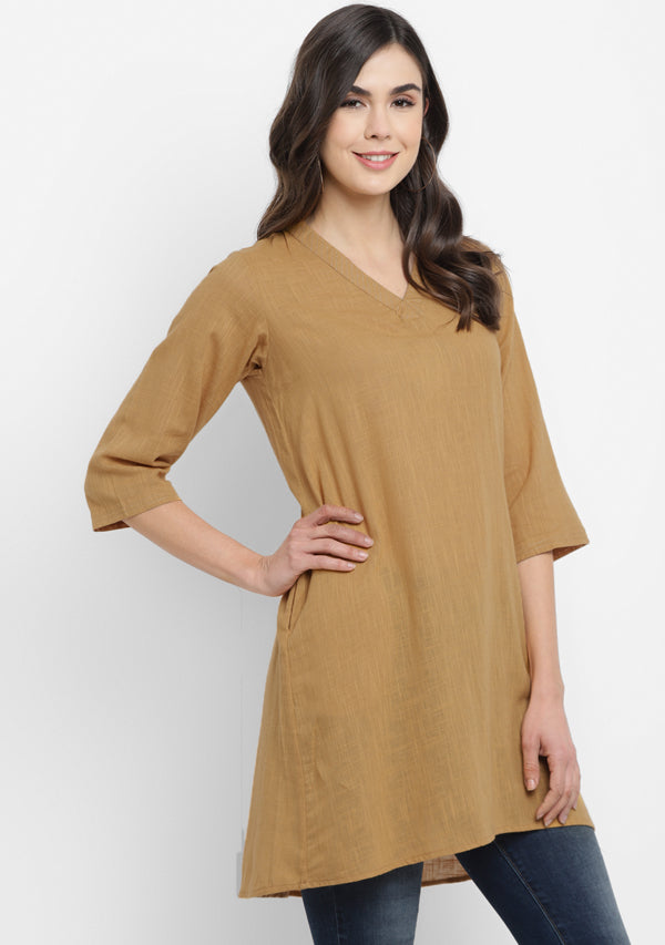 Mustard V-Neck Cotton Tunic Kurti With Metallic Trimmings - unidra.myshopify.com