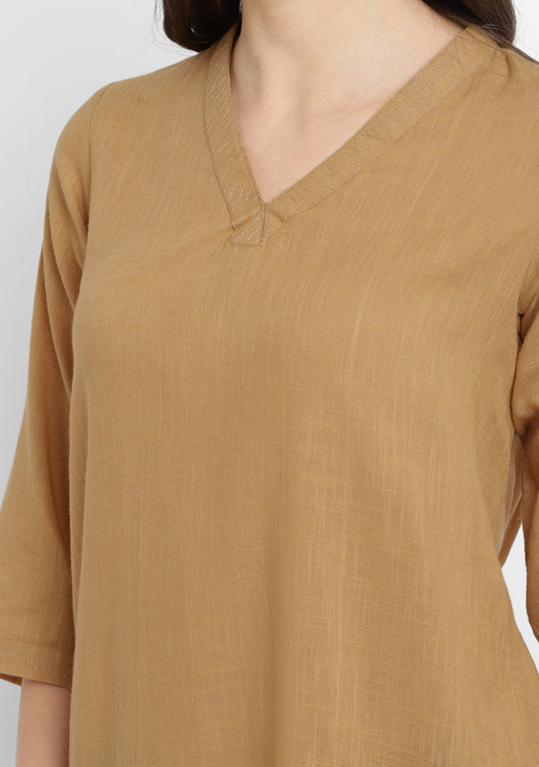 Mustard V-Neck Cotton Tunic Kurti With Metallic Trimmings - unidra.myshopify.com
