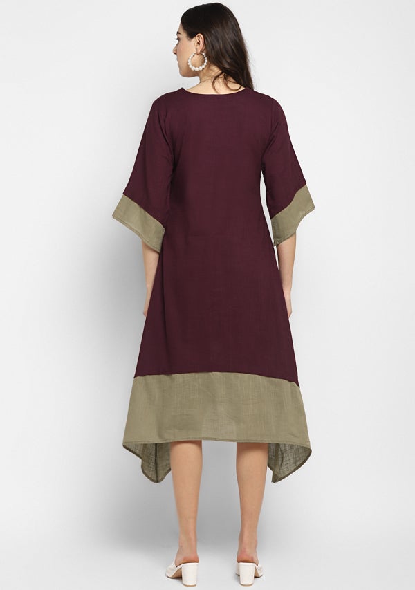 Wine Khaki Layered Side Tail Cotton Dress - unidra.myshopify.com