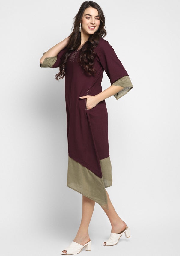Wine Khaki Layered Side Tail Cotton Dress - unidra.myshopify.com