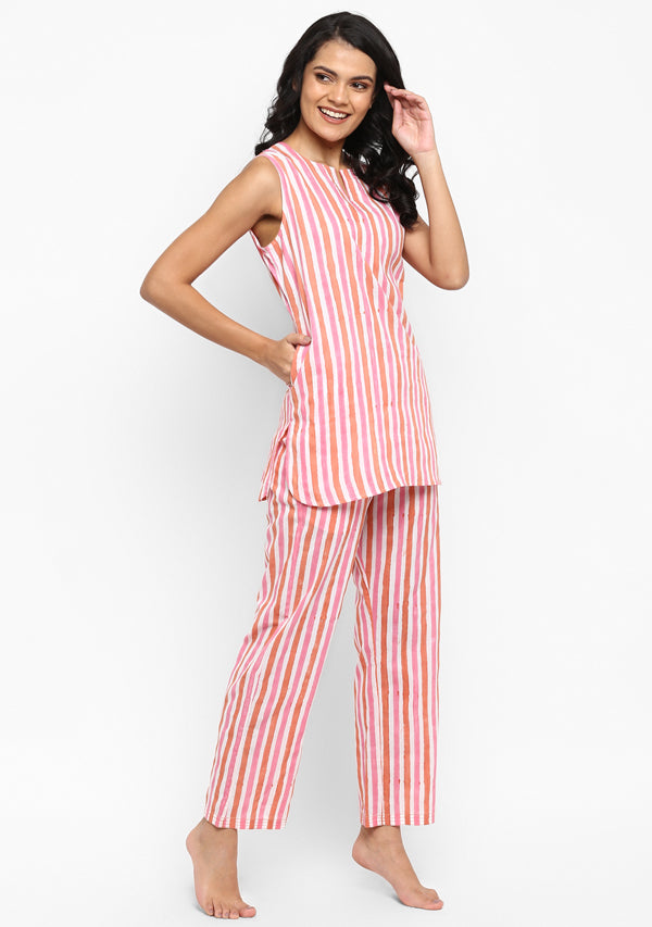 Peach Pink Hand Block Stripe Printed Sleeveless Cotton Night Suit - unidra.myshopify.com