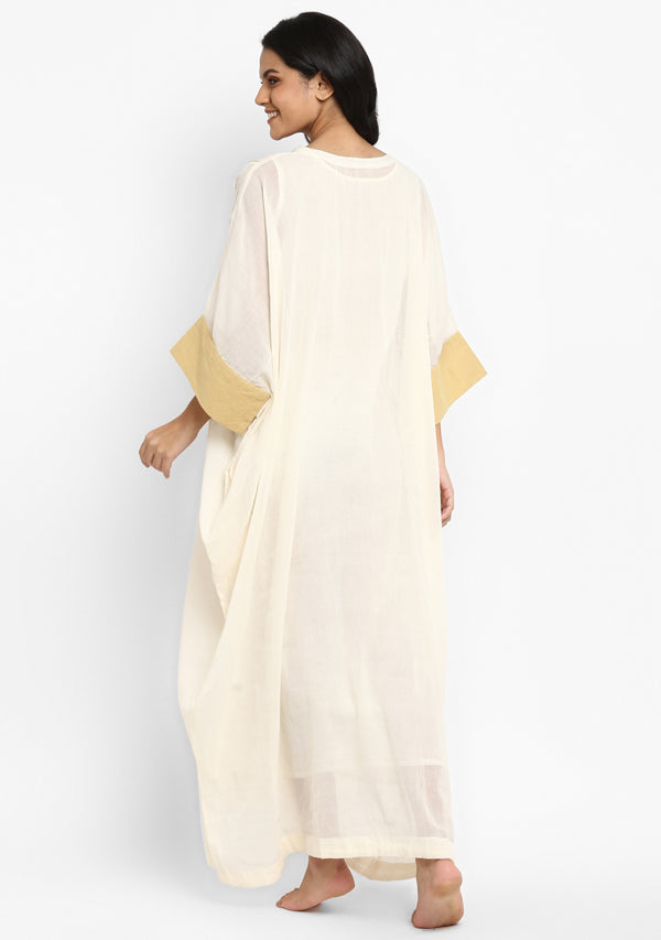 Off White And Mustard Mulmul Kaftan With Cuff Sleeves And Contrast Trimmings - unidra.myshopify.com