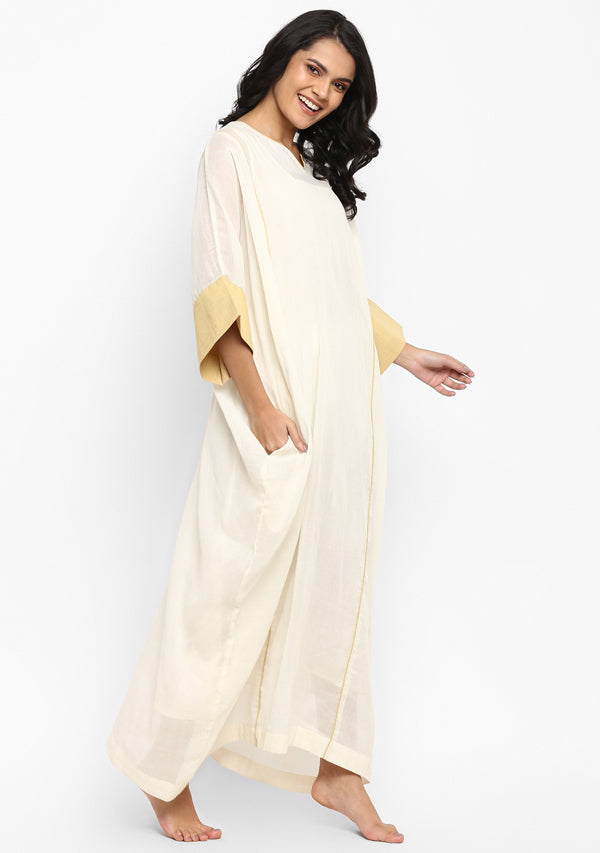 Off White And Mustard Mulmul Kaftan With Cuff Sleeves And Contrast Trimmings - unidra.myshopify.com