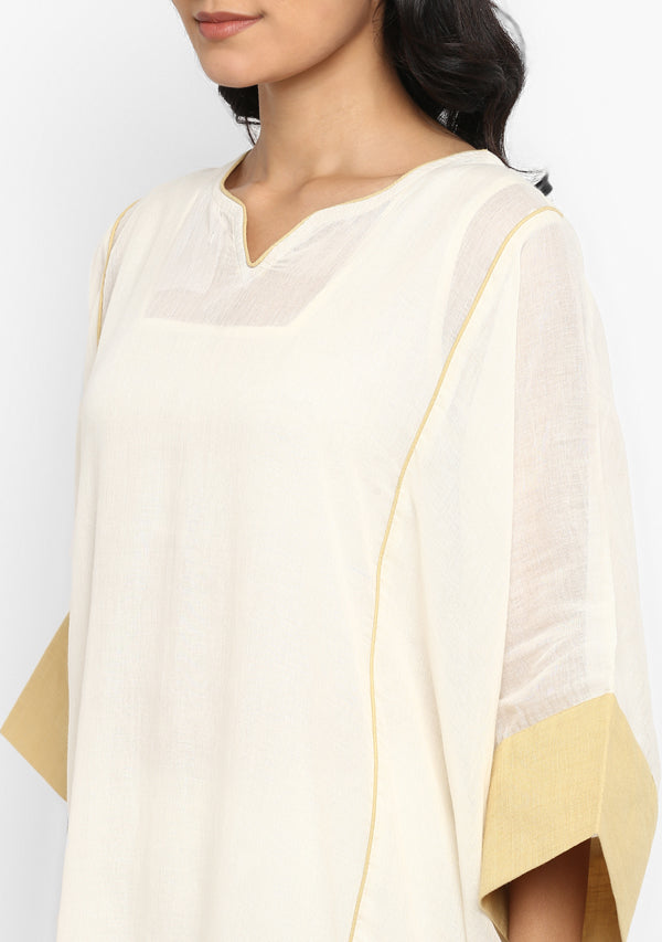 Off White And Mustard Mulmul Kaftan With Cuff Sleeves And Contrast Trimmings - unidra.myshopify.com