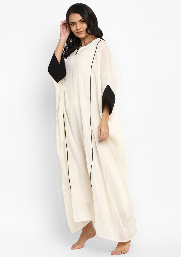 Off White And Black Mulmul Kaftan With Cuff Sleeves And Contrast Trimmings - unidra.myshopify.com