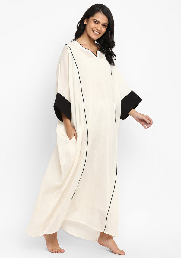Off White And Black Mulmul Kaftan With Cuff Sleeves And Contrast Trimmings - unidra.myshopify.com