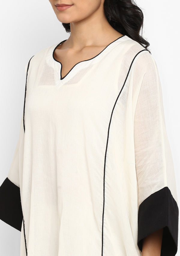 Off White And Black Mulmul Kaftan With Cuff Sleeves And Contrast Trimmings - unidra.myshopify.com