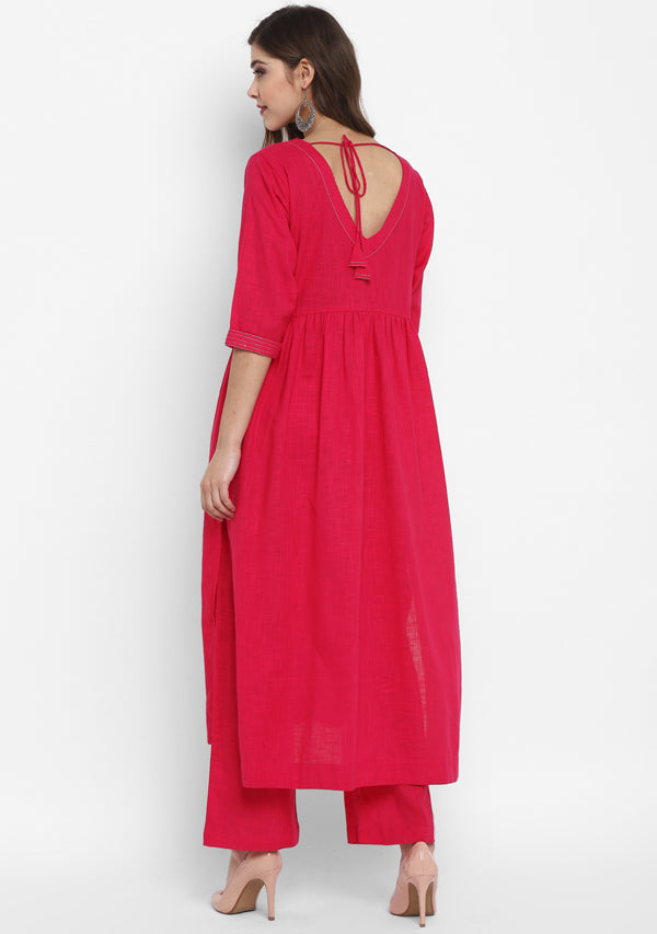 Adaa Fuchsia Cotton V-Neck Kurta with Silver Stitch Lines paired with Pants - unidra.myshopify.com