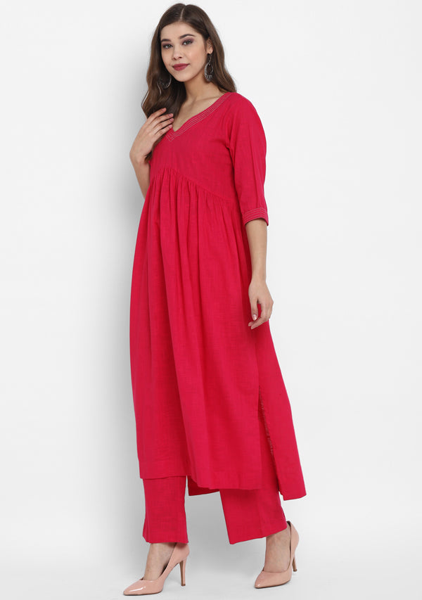 Adaa Fuchsia Cotton V-Neck Kurta with Silver Stitch Lines paired with Pants - unidra.myshopify.com
