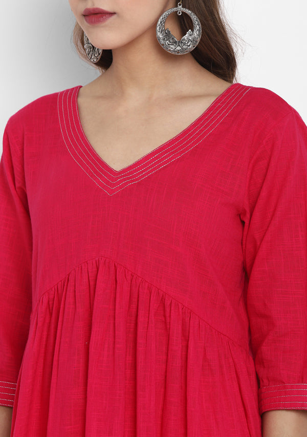 Adaa Fuchsia Cotton V-Neck Kurta with Silver Stitch Lines paired with Pants - unidra.myshopify.com
