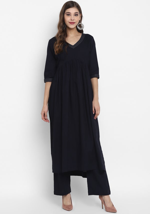 Adaa Navy Blue Cotton V-Neck Kurta with Silver Stitch Lines paired with Pants - unidra.myshopify.com