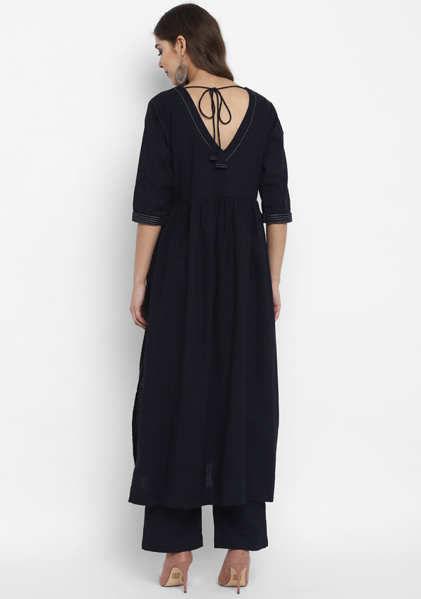 Adaa Navy Blue Cotton V-Neck Kurta with Silver Stitch Lines paired with Pants - unidra.myshopify.com