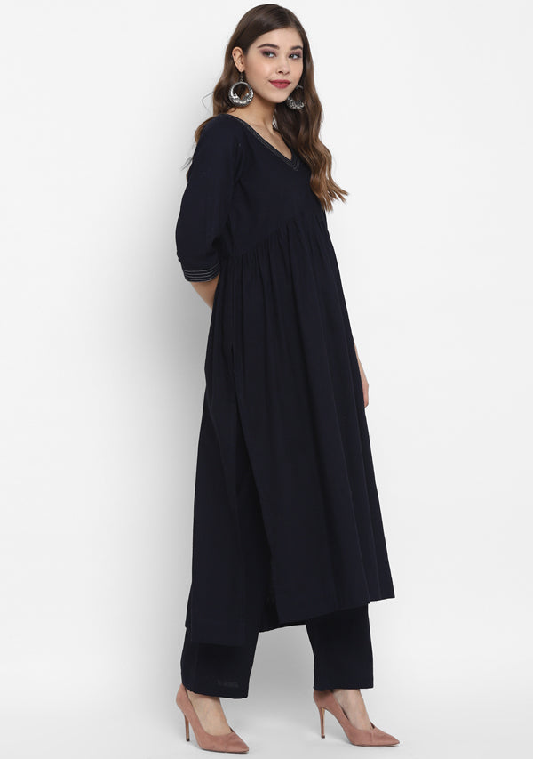 Adaa Navy Blue Cotton V-Neck Kurta with Silver Stitch Lines paired with Pants - unidra.myshopify.com