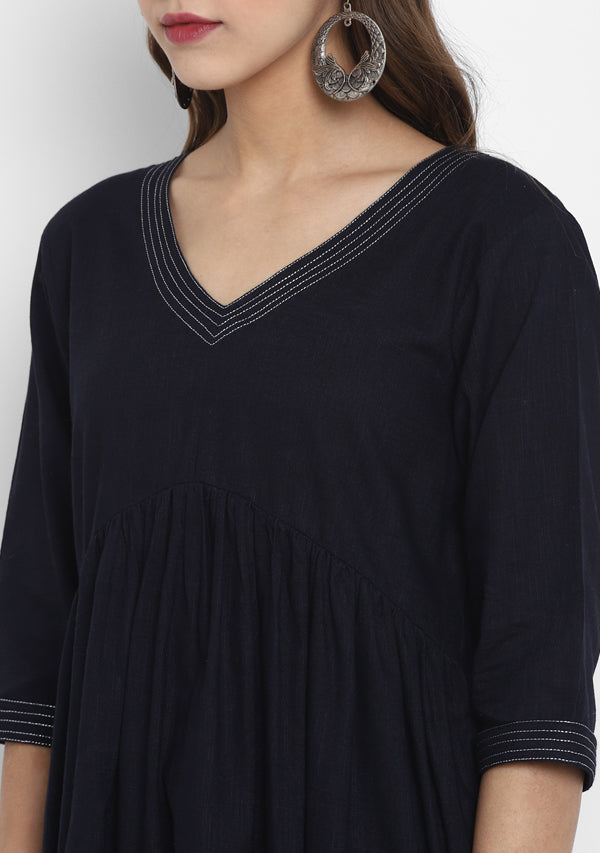 Adaa Navy Blue Cotton V-Neck Kurta with Silver Stitch Lines paired with Pants - unidra.myshopify.com