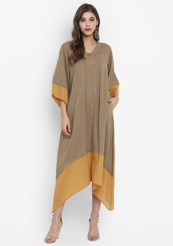 Khaki Green Mustard Layered Side Tail Cotton Dress - unidra.myshopify.com