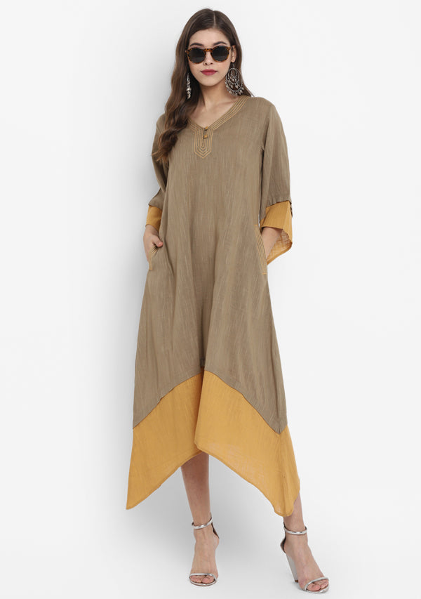 Khaki Green Mustard Layered Side Tail Cotton Dress - unidra.myshopify.com