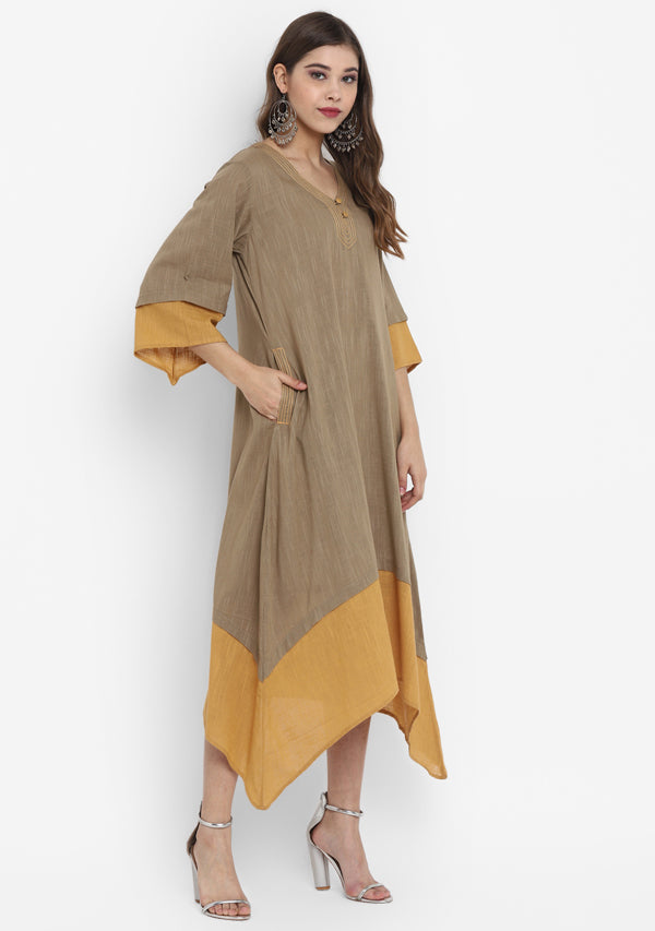 Khaki Green Mustard Layered Side Tail Cotton Dress - unidra.myshopify.com