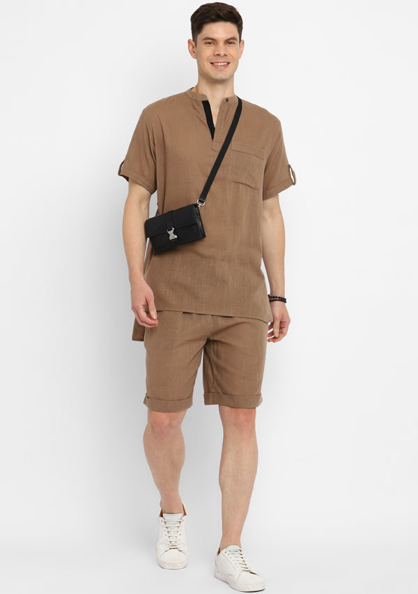 Brown Cotton Shirt and Shorts For Men