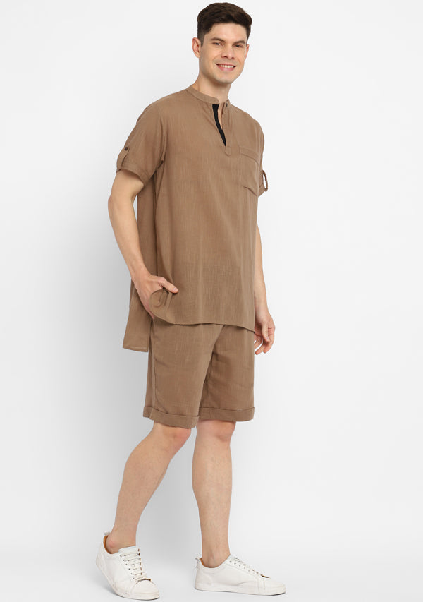 uNidraa Khaki Brown Cotton Shirt and Shorts For Men