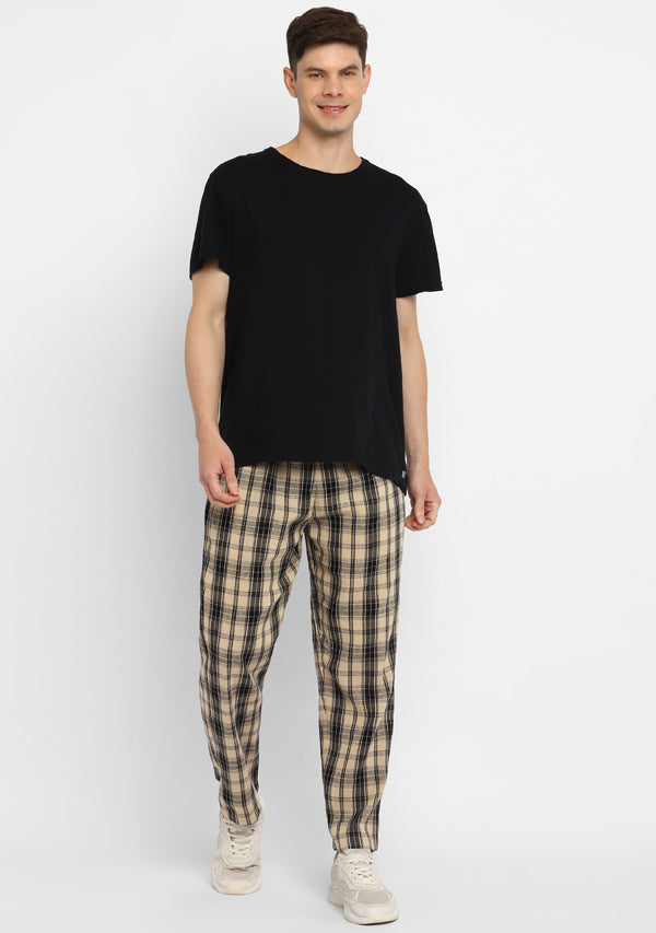 Beige Black Checked Cotton Lounge Pants For Men