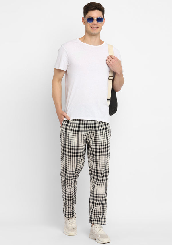White Black Checked Cotton Lounge Pants For Men