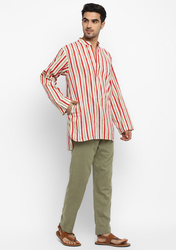 Olive Green Red Hand Block Printed Stripes Cotton Shirt and Pyjamas For Men - unidra.myshopify.com