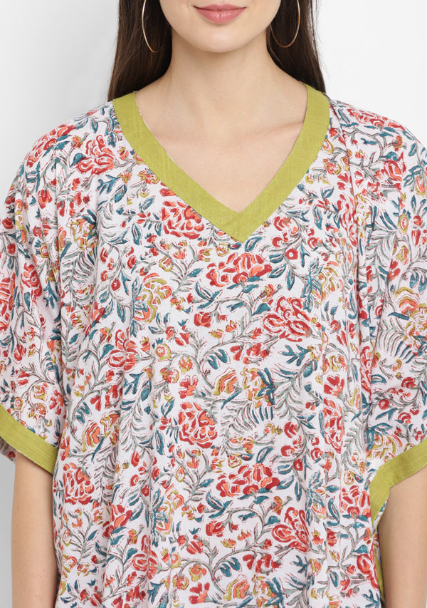White Multicolour Hand Block Floral Printed V-Neck Cotton Kaftan