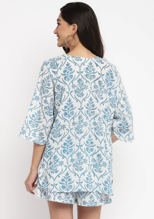 White Smoke Blue Hand Block Mughal Printed Cotton Shorts with Top