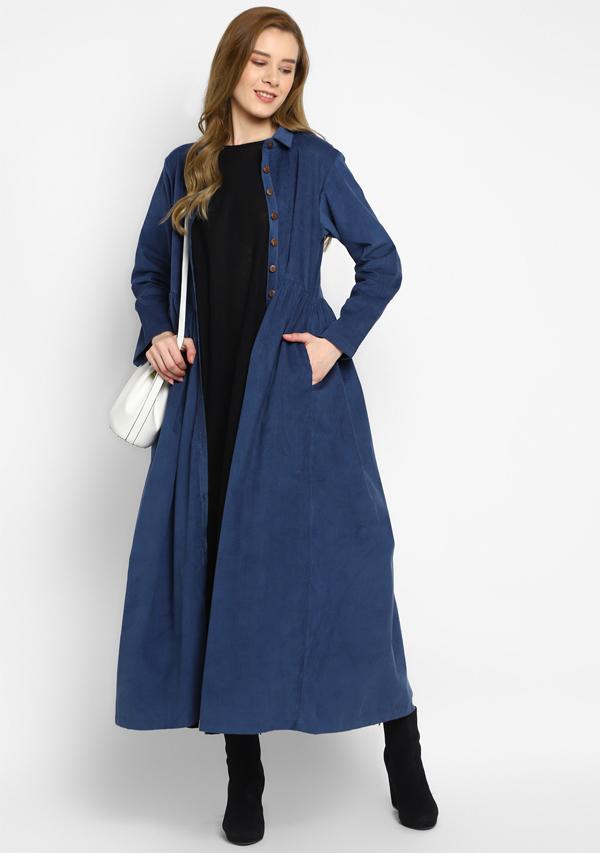 Corduroy Navy Blue Long Dress With Buttons