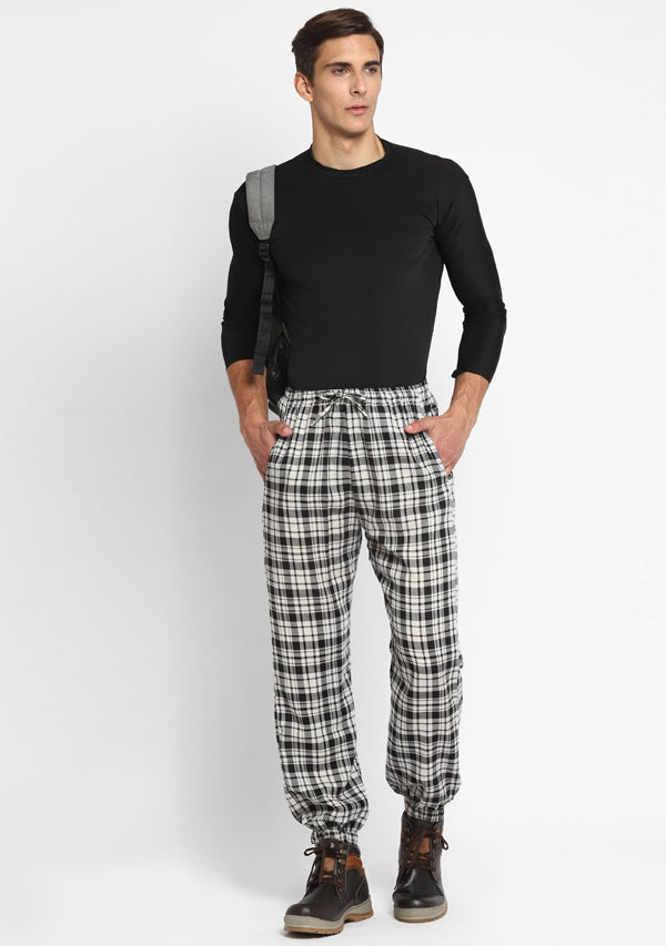 Flannel Black White Checked Jogger Pants For Men