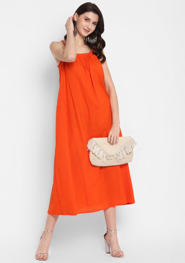 Orange Calf Length Cotton Dress with Spaghetti Straps