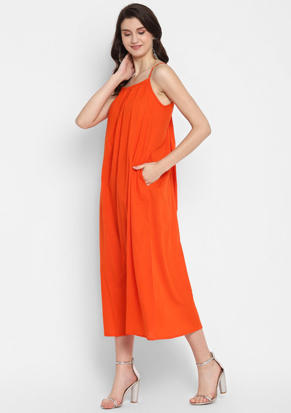 Orange Calf Length Cotton Dress with Spaghetti Straps