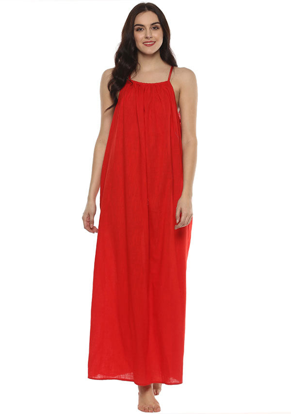 Red Cotton Sleeveless Night Dress - unidra.myshopify.com